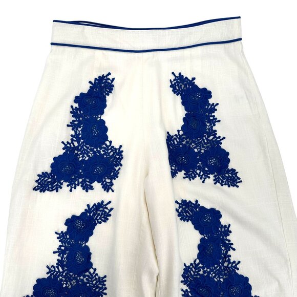 Lalavon Womens Viscose Linen Blend White & Blue Embroidered Wide-Leg Pants S - Picture 2 of 10